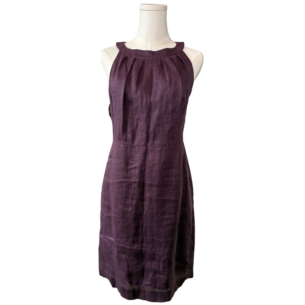 Ann Taylor LOFT Plum Purple 100% Linen Pleated Halter Neck Shift Dress Size 4 - Picture 1 of 15